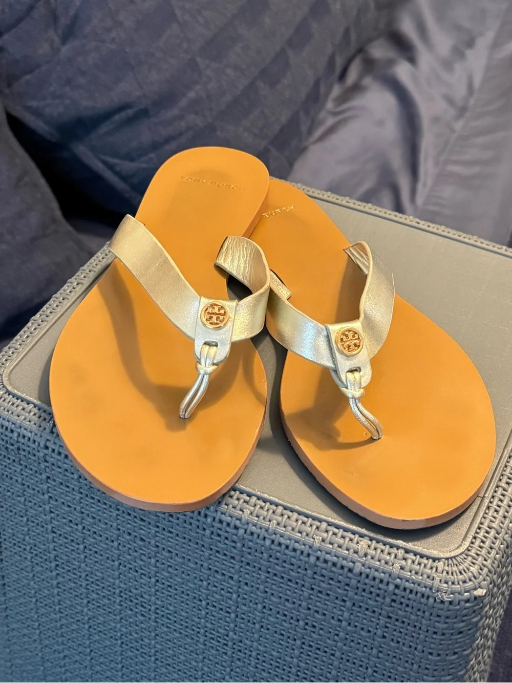 Tory Burch Gold Leather Thong Sandals - Women's Designer Logo Flip Flops